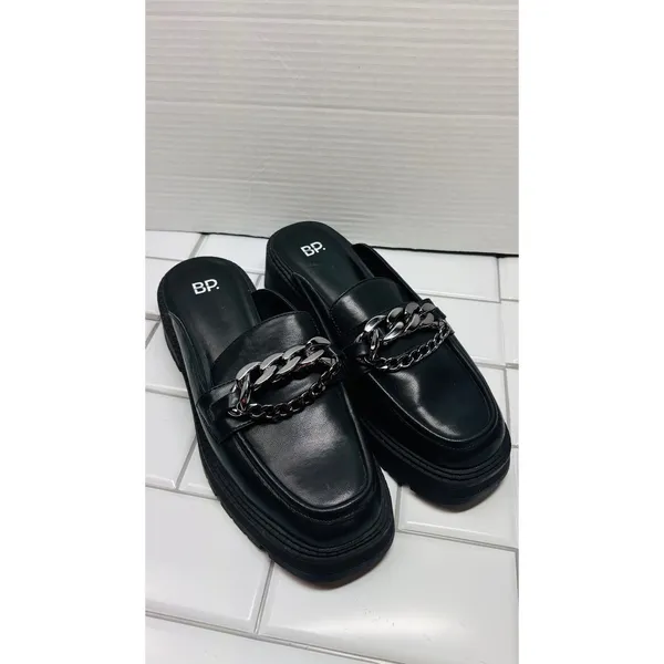 BP. Platform Loafer Mules Women 9.5 Black Excellent Chain Lug Sole Slip On Edgy - Image 3