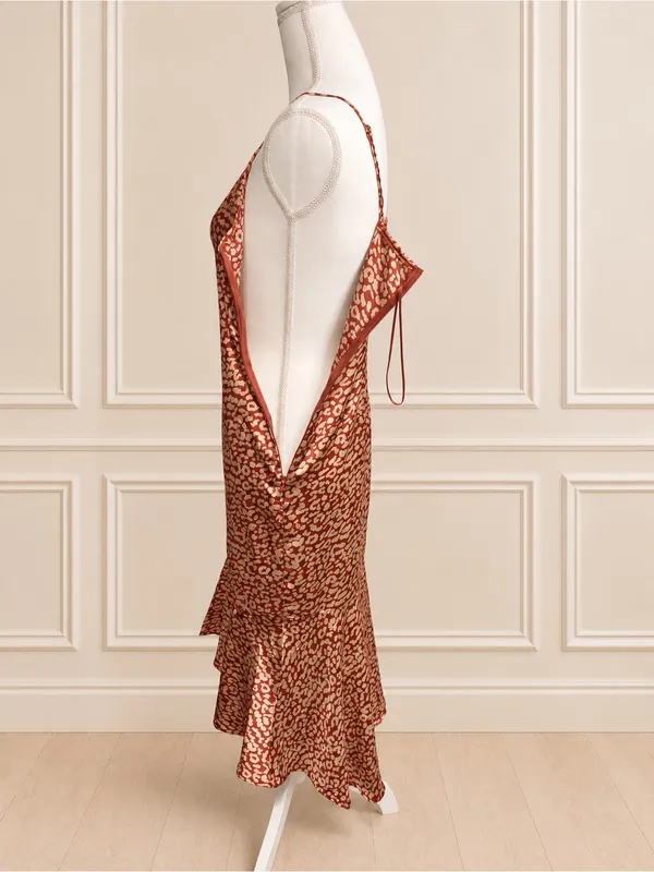 NWOT PrettyLittleThing Red Gold Leopard Satin High-Low Mermaid Maxi Dress US 6 - Image 7