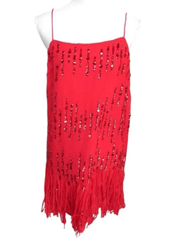 Free People Red Crystal Clear Fringe Retro Flapper Round Neck Thin Strap Dress S - Image 8