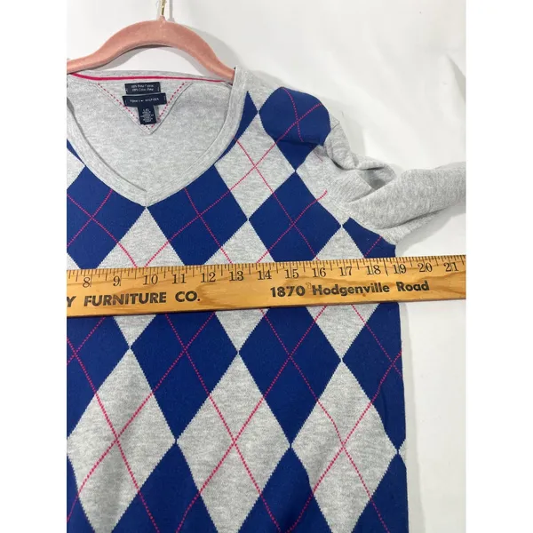 Tommy Hilfiger Argyle V-Neck Sweater Women L Grey Blue 100% Pima Cotton Golf‎ - Image 6
