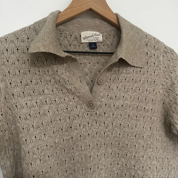 Universal Threads | Oatmeal Pointelle Knit Polo Short Sleeve Sweater Top, XS - Image 3