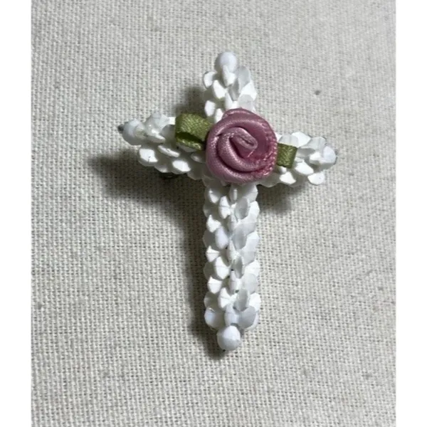 Vintage Religious Jesus Cross Christianity White Beaded Rose Brooch Sz 2” - Image 4