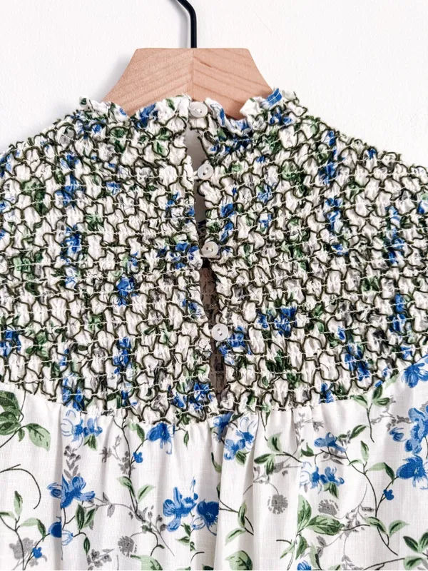 Zara White Blue Floral Smocked High Neck Maxi Dress Size S - Image 8