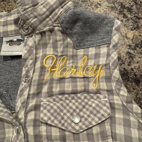 Harley Davidson Top Rustic Grunge Country Biker Western Pearl Snap Gingham XS - Image 4
