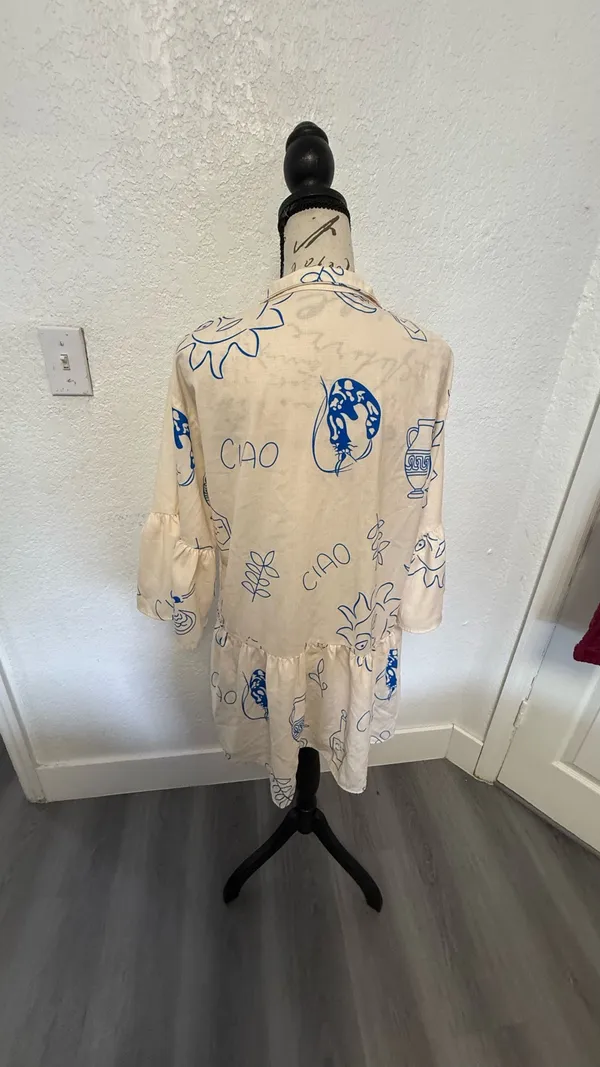 Commence "Ciao" Graphic Print Mini Dress - XS - Bell Sleeve & Tiered Hem - Image 10