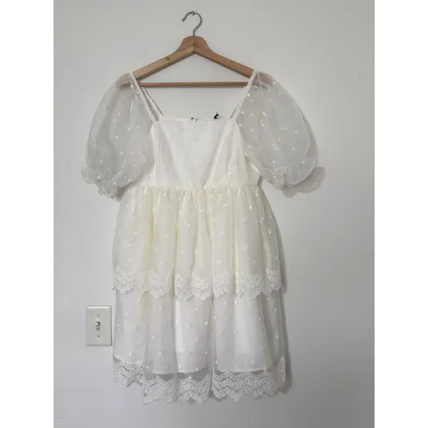 English Factory White Polka Dot Tulle Mini Dress M Cottagecore Puff Sleeve NWT - Image 2