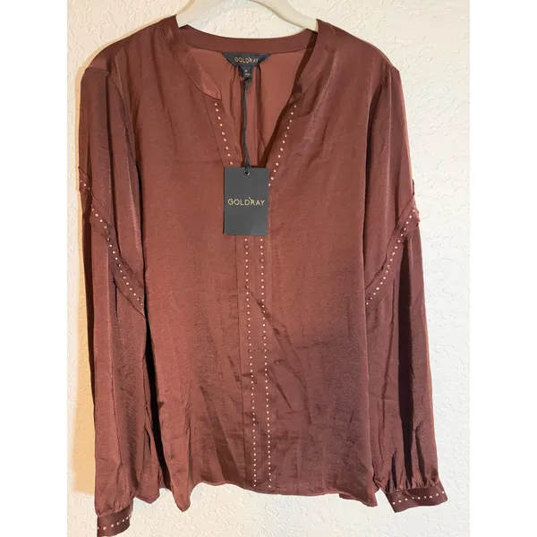 Goldray Studded V-Neck Blouse Brown M Womens Long Sleeve Satin Top NEW - Image 7