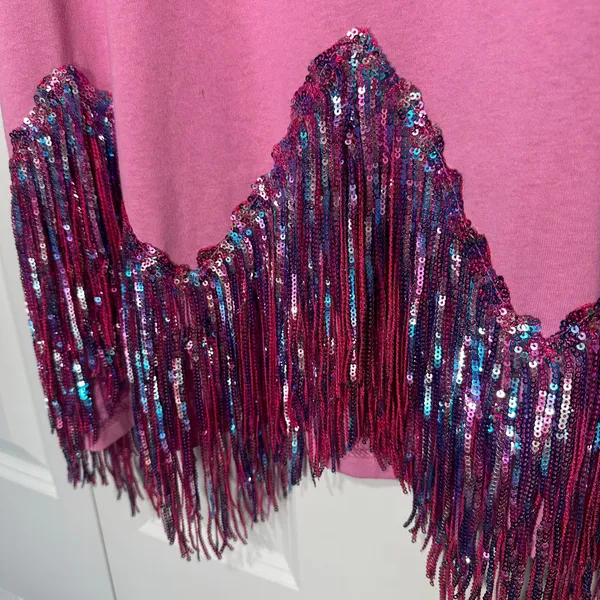 Fantastic Fawn Sequin Fringe Top L Pink Cotton Festival Concert Western Eras - Image 3