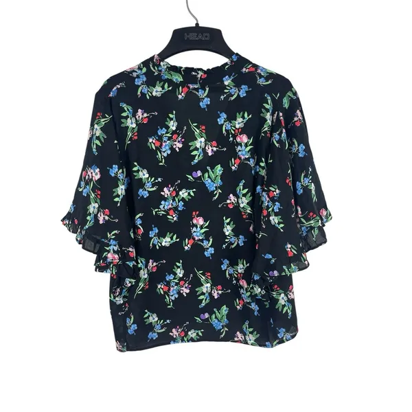 Maeve Anthropologie Dark Floral Butterfly Ruffle Short Sleeve Top Button Front S - Image 2