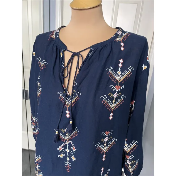 Madewell Women's Navy Embroidered Peasant Top‎ Size Medium Aztec Southwest Boho - Image 4