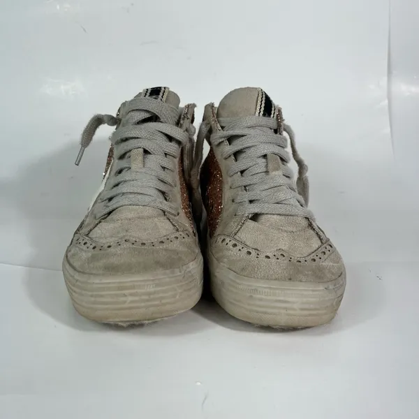 Shu Shop Rina Rose Gold Glitter Star Print High Top Lace Up Sneakers Distressed - Image 3