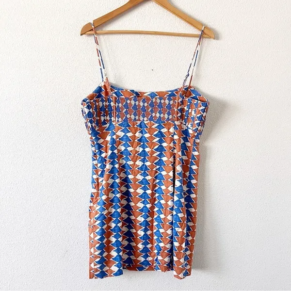 Anthropologie Maeve Ophelia Linen Blend Blue Multi Square Neck Geometric Mini Dress - Image 8