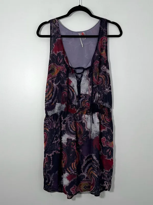 Free People Falling for Georgette Paisley Lace Up Mini Dress Purple Size Medium - Image 2