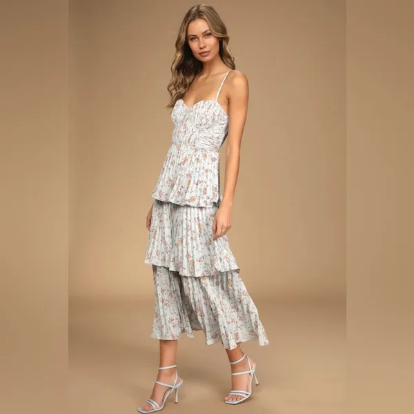 ✨Lulus Blue Cascade Ruffle Floral Midi Dress S✨ - Image 2