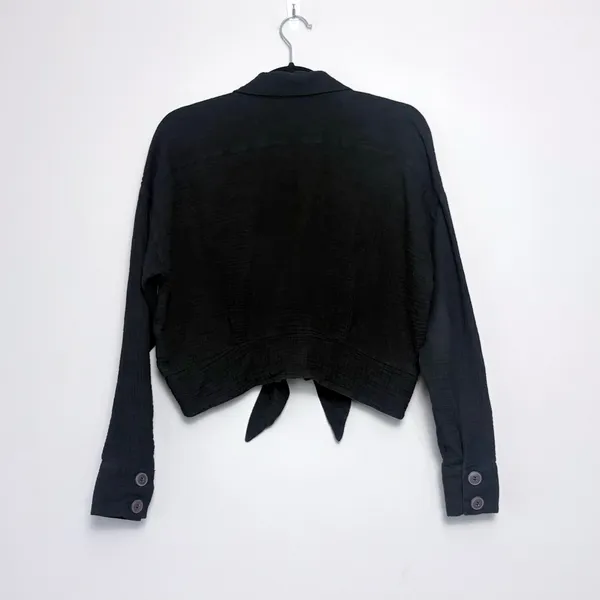 Free People Sunstreaks Tie Front Button Down Blouse in Black XS - Image 4
