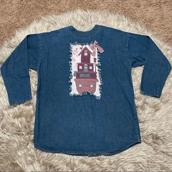 Custom OOAK vintage 90s denim Noah’s ark button down - Image 8