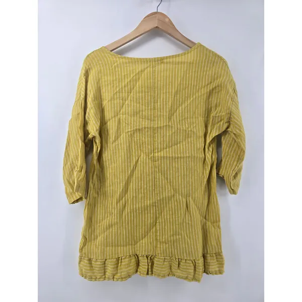 Lungo L'Arno Linen Top Womens S Yellow Striped Ruffle Hem Made in‎ Italy 202101 - Image 3