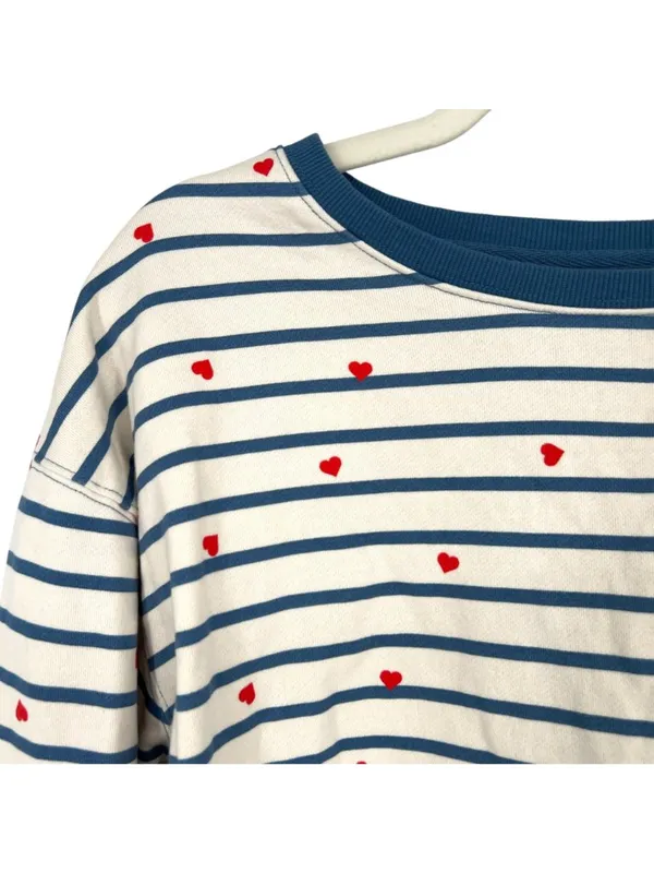 Pact Scattered Hearts Striped Sweatshirt Organic Cotton Blue Cream Size Medium - Image 3