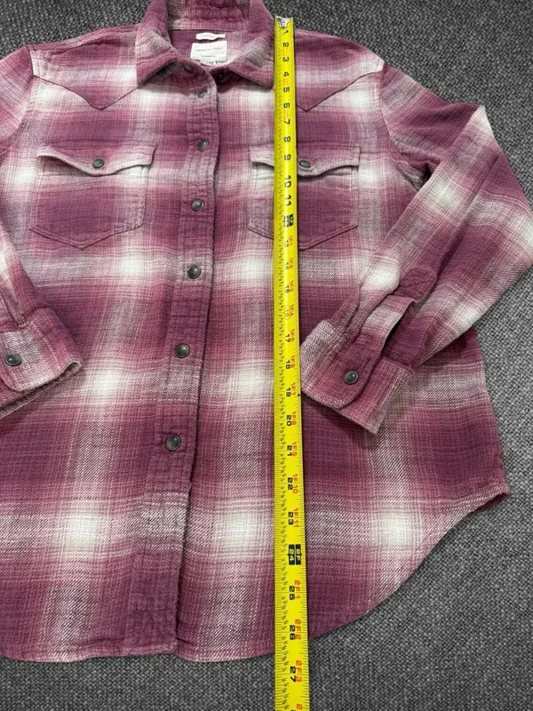 American Eagle Women’s Burgundy Cream Plaid Oversized Western Flannel Shirt - Image 7