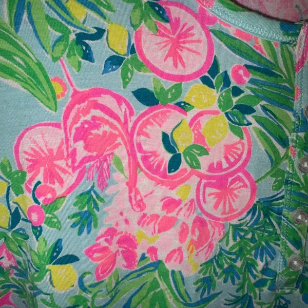 Lilly Pulitzer XL Henley Top Long Sleeve Tropical Floral Citrus Print Blue Pink - Image 6