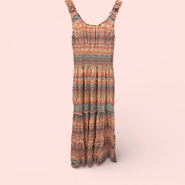 Source Unknown Cute stretchy tiered shell button front maxi dress aztec boho breezy smocked - Image 5