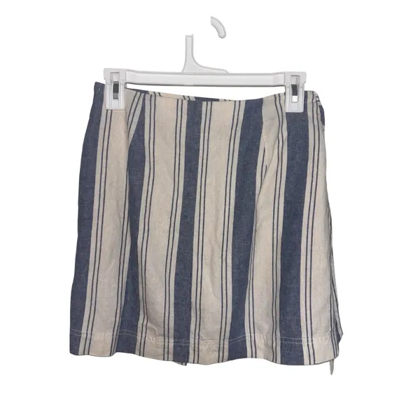 Free People Blue Stripe Tuscan Sunrise Mini Skirt Linen Blend 4 Faux Wrap - Image 2