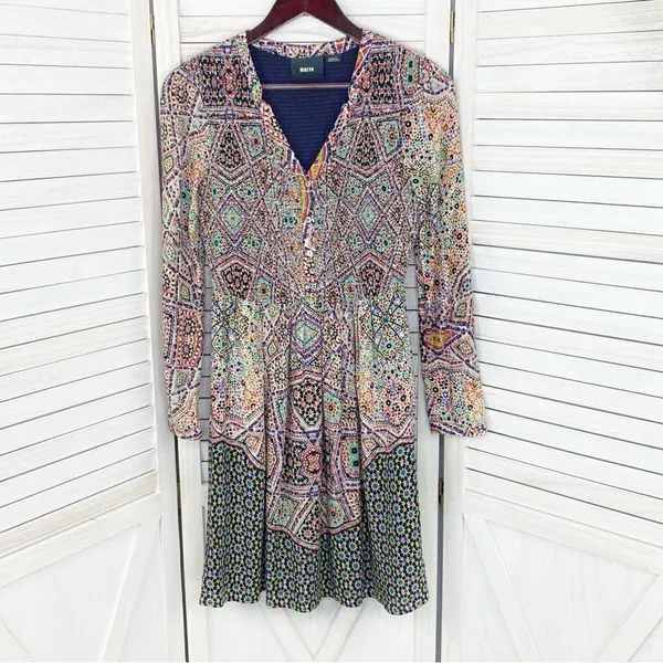 Maeve Anthropologie‎ Tiled Amethyst Dress XS Smocked Long Sleeve Boho Mosaic - Image 8