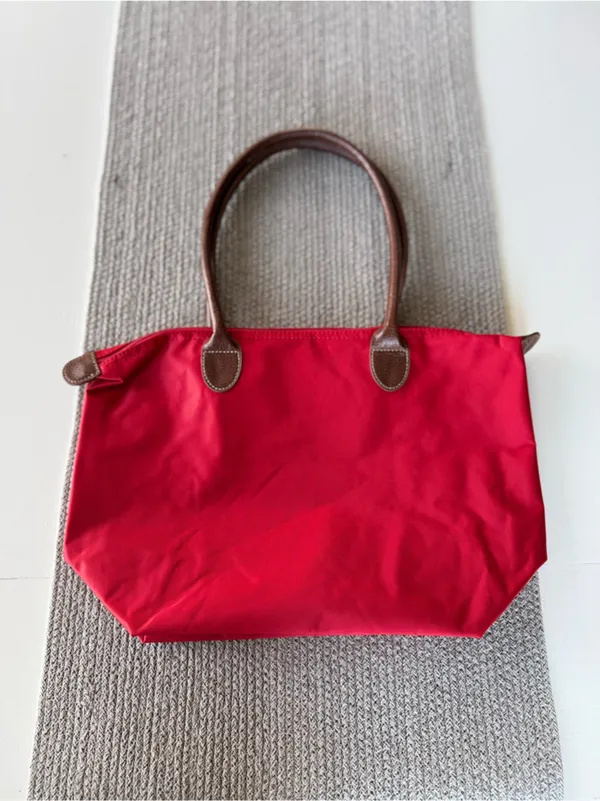 Vintage Classic Preppy Red Nylon Zippered Tote Bag w Brown Leather Handles - Image 4