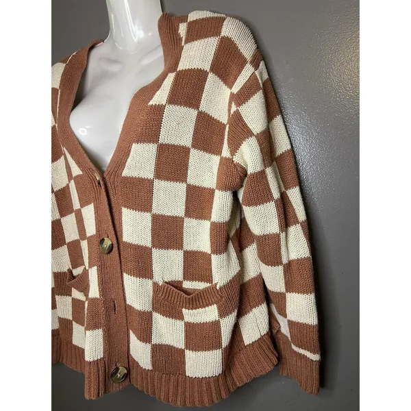American Eagle Cardigan Sweater Womens XS Brown Checkered V Neck Button Front - Image 4