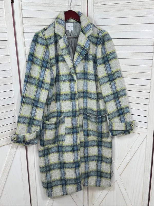 Cyrus Plaid Wool Blend Long Midi Overcoat Coat Grey Green Blue Large Winter - Image 7