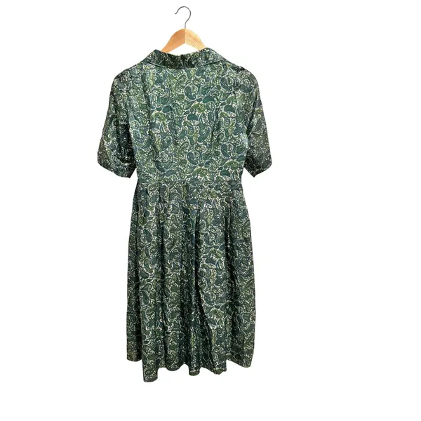 Vintage Handmade Green‎ Paisley Shirt Dress Short Sleeve Pleated A-Line Midi - Image 2
