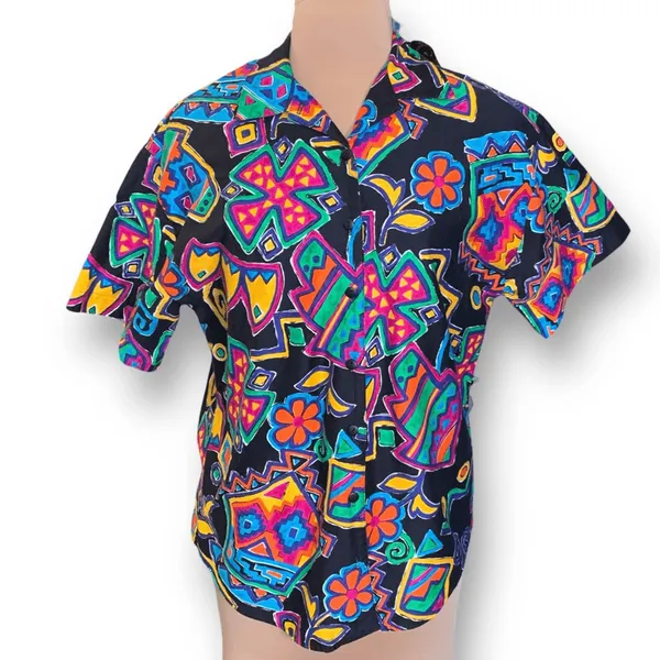 Vintage‎ Shirt Black Rainbow Floral Abstract Art Button Up Unisex Maximalist - Image 2