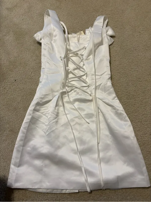 Peppermayo White Bow-Shoulder Button Mini Dress - Image 5