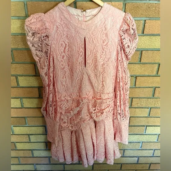 Bardot Krina Lace Pleated Long Sleeve Mini Dress in Pink Coquette Size Small - Image 4