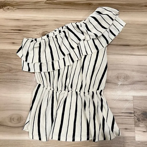 Anthropologie Cream and Black Striped Ruffle Blouse Women’s Small - Image 3