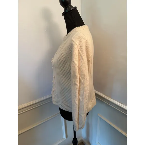 J.Crew 100% Wool Chunky Diamond Cable Knit Pom-Pom Cropped Sweater Ivory Cottage - Image 4