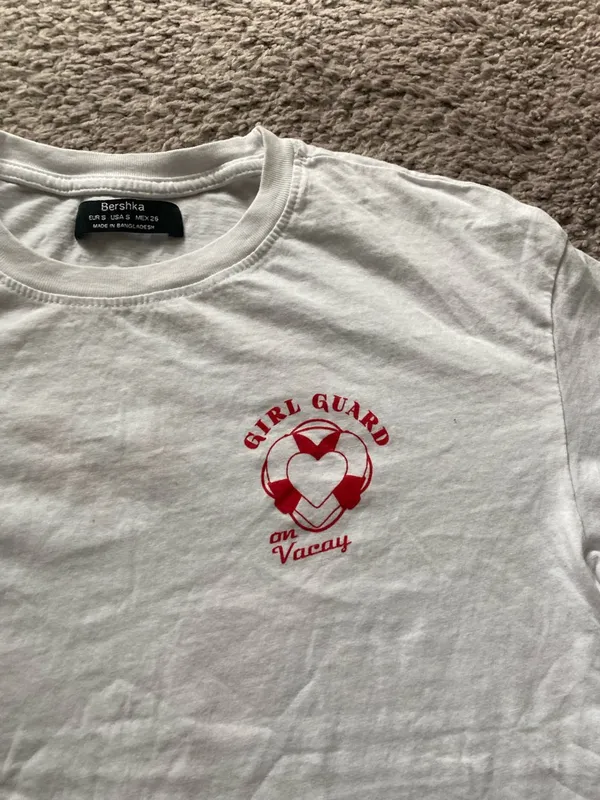 Women’s Bershka White Crewneck Tee with Red Lifesaver Chest Graphic - Image 4