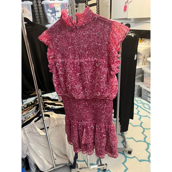 NEW AQUA Pink Floral Smocked Mock‎ Neck Metallic Mini Dress Small IDK7297 - Image 3