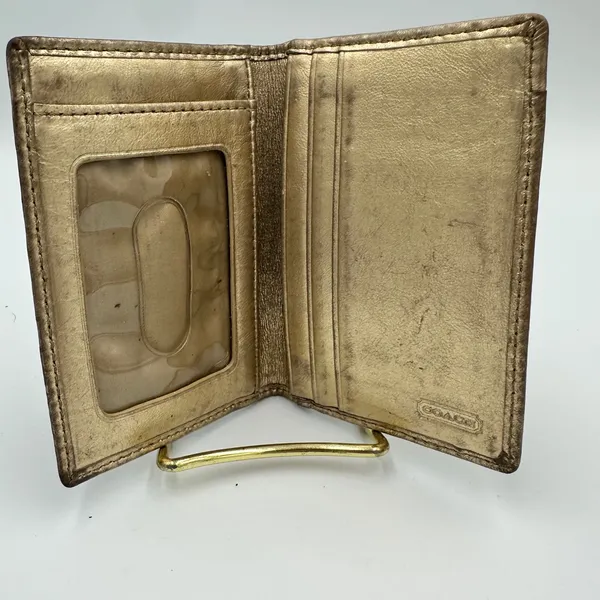 Coach Signature Monogram Bifold Wallet Brown Canvas Metallic Gold Leather Trim - Image 3
