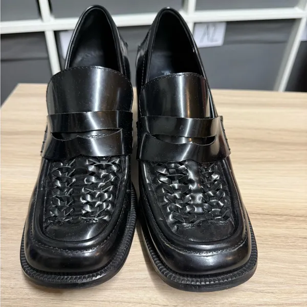 Jeffrey Campbell Lug Sole Woven Toe Heeled Black Loafers - Image 2