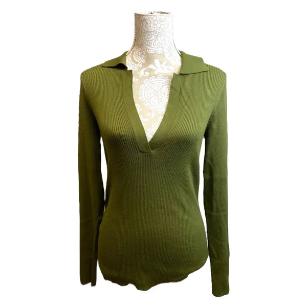 Babaton Aritzia McSweeney Ribbed Sweater Olive Green Collared V-Neck M NWOT - Image 2
