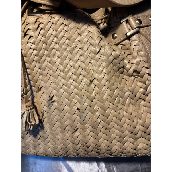 Cole Haan Genevieve Tan Woven Leather Hobo Bag Optical Weave Tassel Shoulder Bag - Image 6
