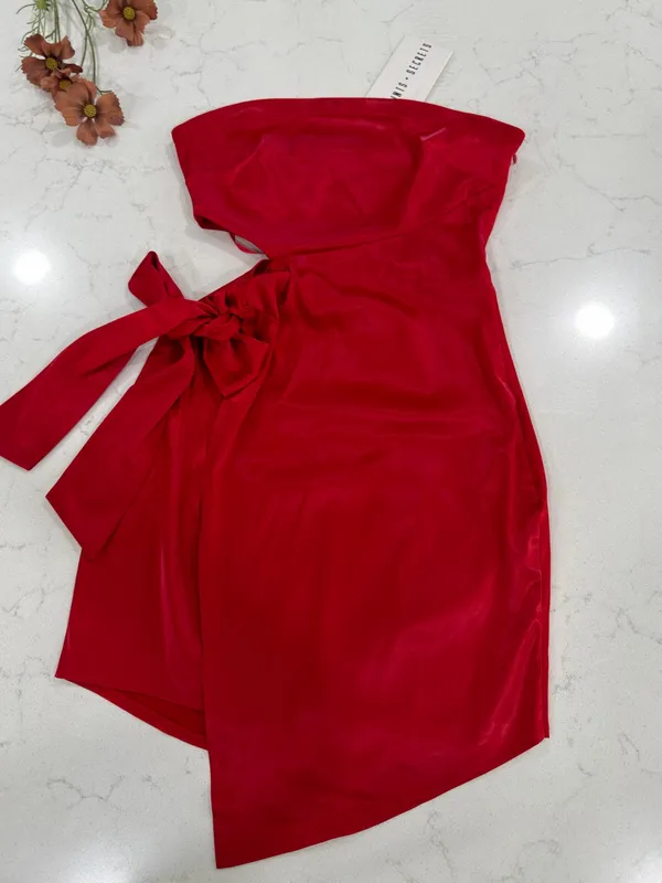Saints +Secrets Strapless Red Satin Mini Dress with Side Tie Cutout - Image 3