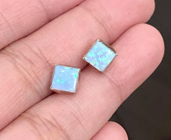 925 Sterling Silver Blue Opal Square Small Stud Earrings - Image 8