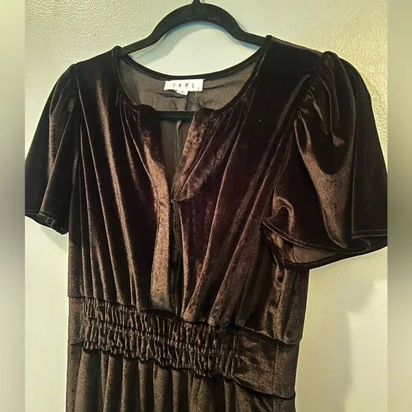 THML NEW Black Velvet Velour Tiered Maxi Dress Puff Sleeve Boho Cottagecore S - Image 4