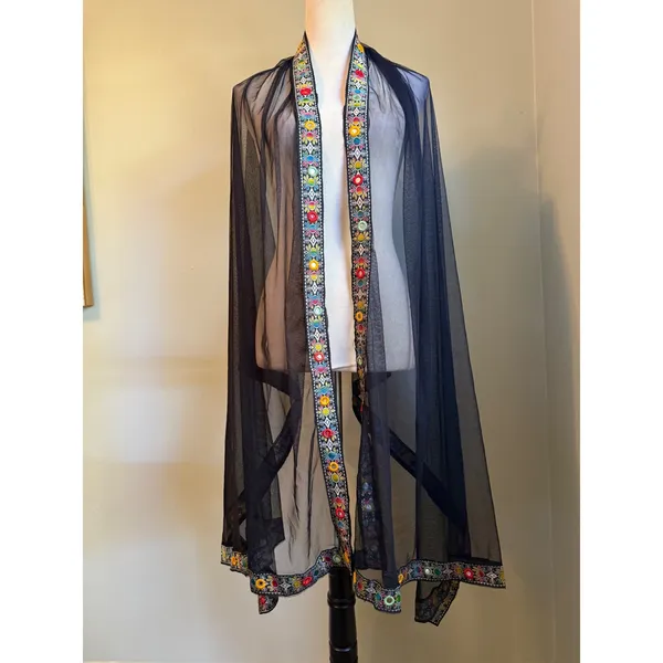 Black Mesh Dupatta Scarf MultiColor Floral Embroidery Mirror Work boho whimsigot - Image 3
