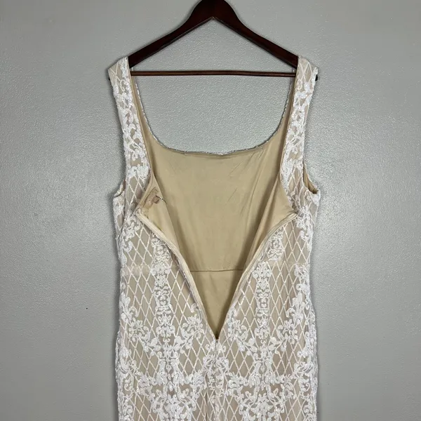 Ricarica Midi Dress‎ Sequin Mesh Womens 1X White Beige Lined Slit Sheath Fitted - Image 9
