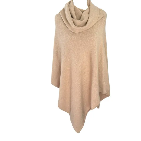 Tan Cowl Neck Poncho Merino Wool Blend‎ One Size Asymmetrical Boho - Image 2