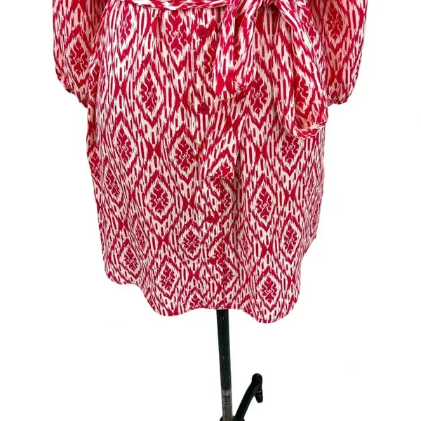 Anthropologie Maeve Ikat Shirt Dress‎ Mini Tie Belt Print Pink White Size XS - Image 5