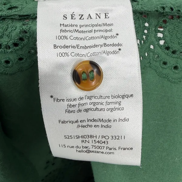 Sézane Louisah Green Organic Cotton Eyelet Ruffle Mock Neck Blouse Size 34 / 2 - Image 9